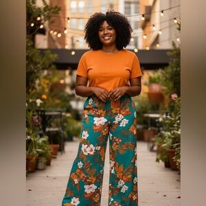 Floral Wide-Leg Pants - Green and Orange